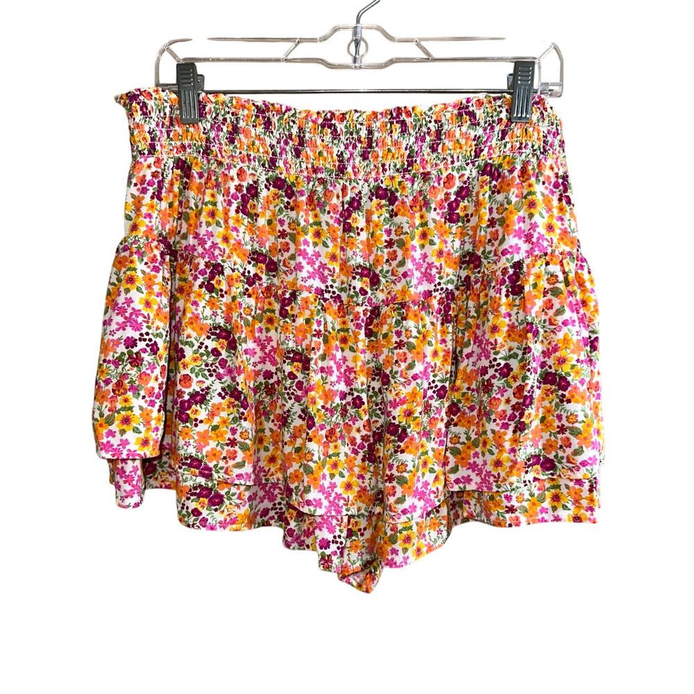 Wild Fable Pink Orange Floral Tiered Ruffle Smocked Waist Shorts Skort Size L